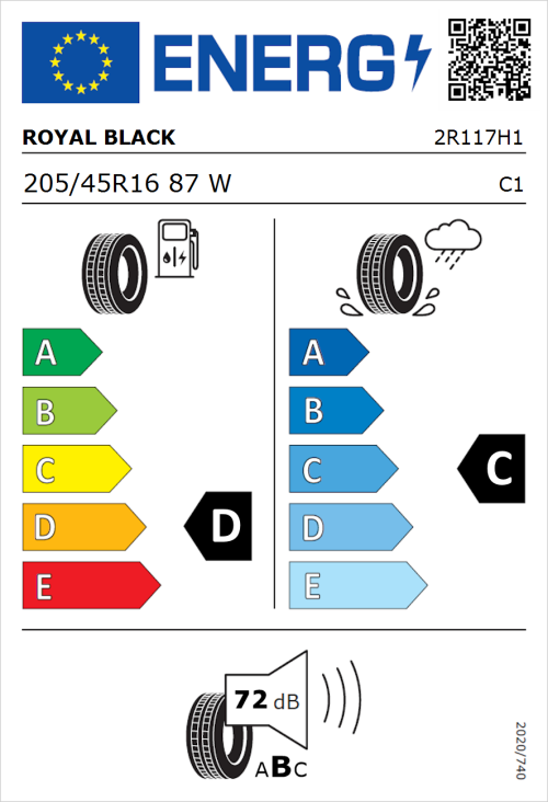 Tyre Label for Royal Black Performance 205/45R16 87W