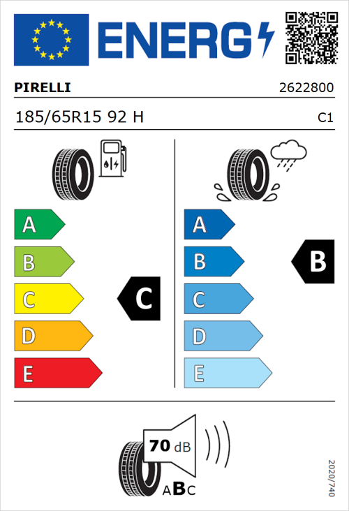 Tyre Label for Pirelli Cinturato P1 Verde 185/65R15 92H