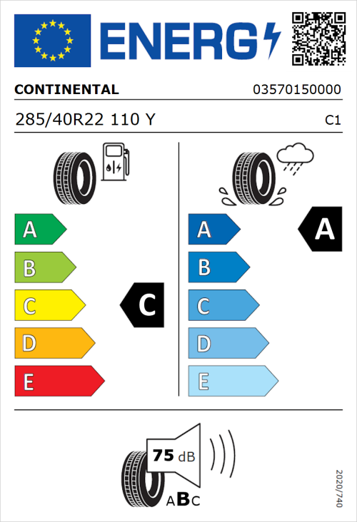 Tyre Label for Continental SportContact 6 285/40R22 110Y