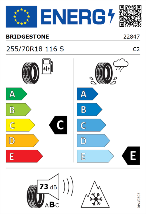 Tyre Label for Bridgestone Dueler A/T 001 255/70R18 116S